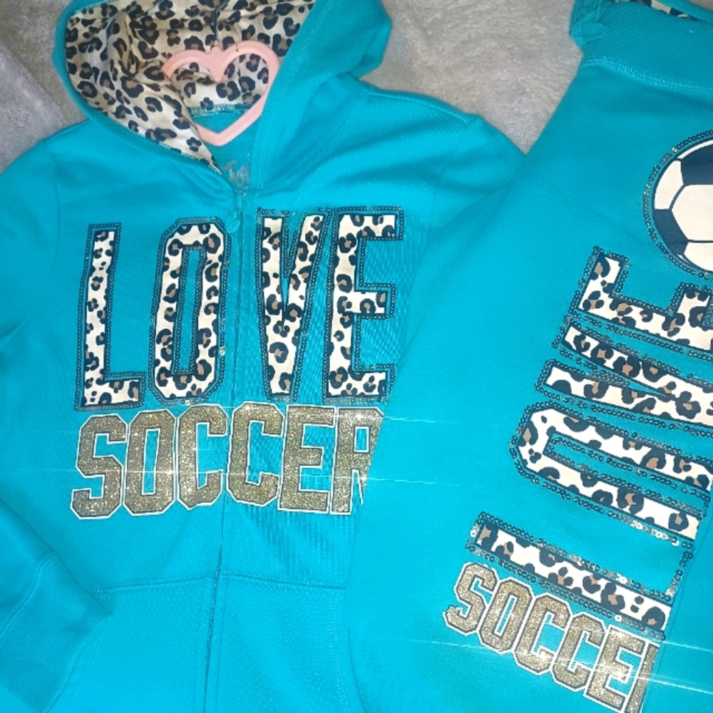Size 12 Justice “LOVE Soccer” ⚽️ hoodie with sweatpants. Bedazzled.